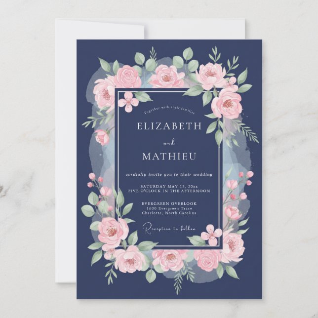 Convites Casamento Rosa Flor Navy (Frente)