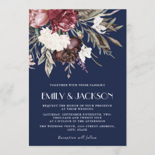 Convites Casamento Rosa Floral Borgonha Azul Naval Vintage
