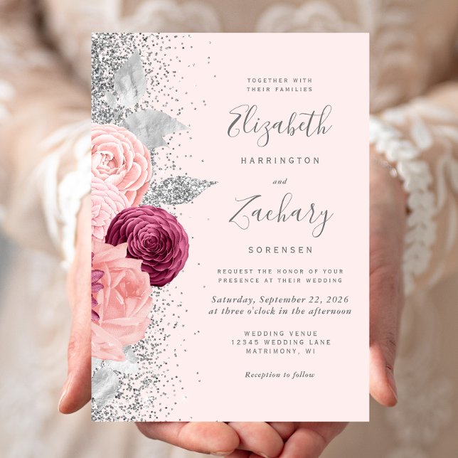 Convites Casamento Rosa Floral com Glitter Prata Burgundy (Criador carregado)
