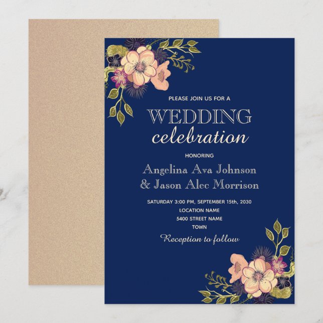 Convites Casamento Rosa Floral Dourado Marinho (Frente/Verso)