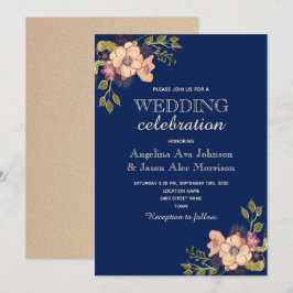 Convites Casamento Rosa Floral Dourado Marinho