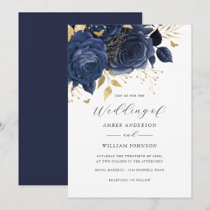 Convites Casamento Rosa Floral Dourado Marinho