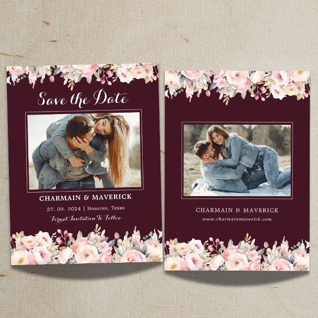 Convites Casamento Rosa Floral Elegante Burgundy Salve a Da (Criador carregado)