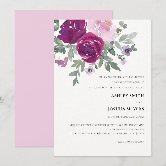 Convites Casamento Rosa Floral Magenta Pérola Suave Branco (Frente/Verso)