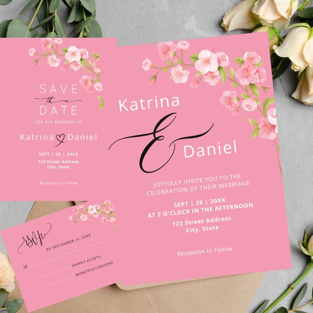 Convites Casamento Rosa Floral Moderno Elegante (Criador carregado)