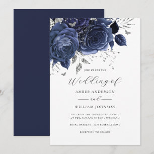 Convites Casamento Rosa Floral Prata Marinho