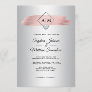 Convites Casamento rosa Gold Foil Silver Marble Monograma