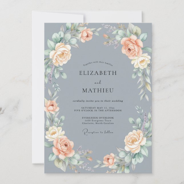 Convites Casamento Rosa Gracioso Azul Ardósia (Frente)