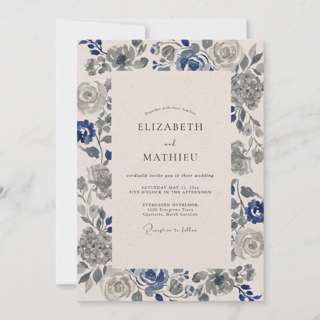 Convites Casamento Rosa Indigo Slate (Frente)