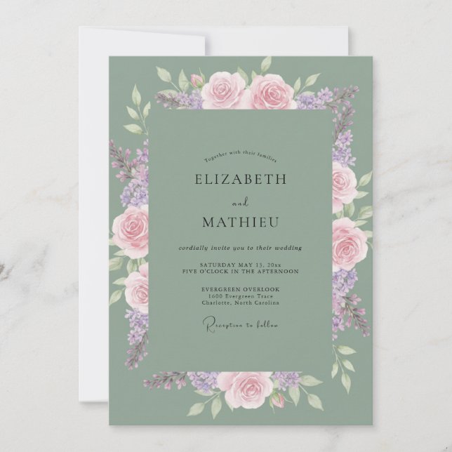 Convites Casamento Rosa Lilás Celadon (Frente)