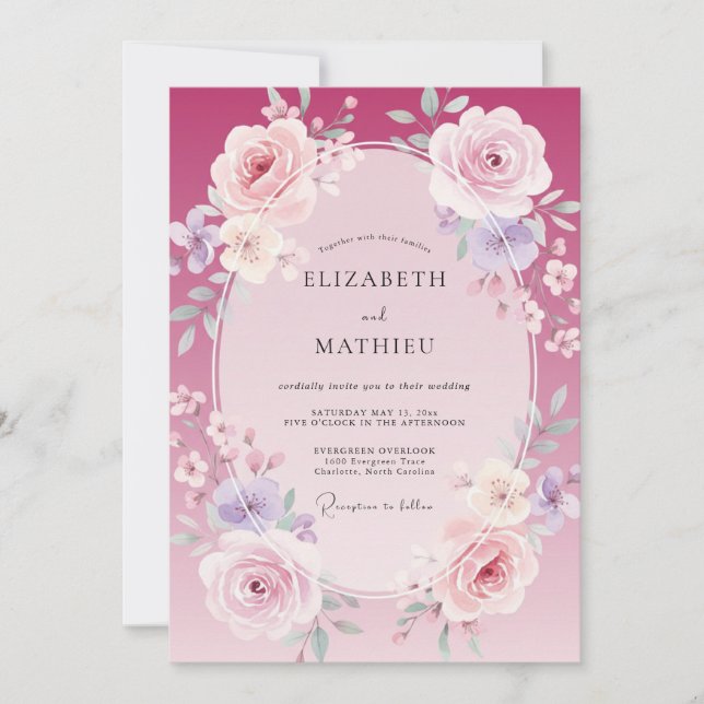 Convites Casamento Rosa Lilás Magenta (Frente)