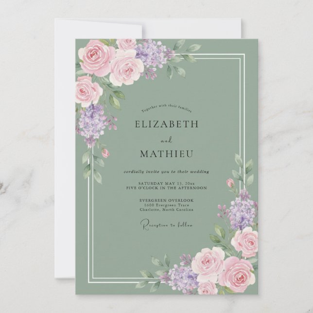 Convites Casamento Rosa Lilás Oliva (Frente)