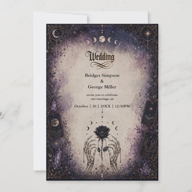 Convites Casamento Rosa Lua Tarô Gótico Esqueleto  (Frente)