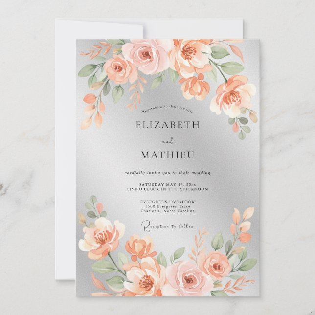 Convites Casamento Rosa Lustroso Prata (Frente)