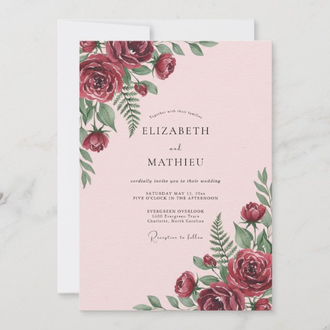 Convites Casamento Rosa Macio Maroon Fern (Frente)
