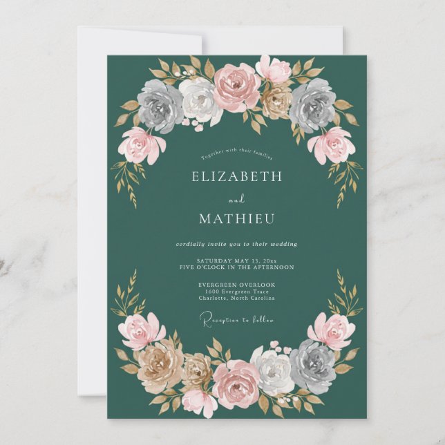 Convites Casamento Rosa Majestosa Hunter Verde (Frente)