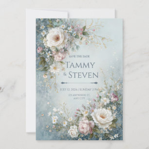 Convites Casamento Rosa Marfim Aquarela Água Névoa Teal