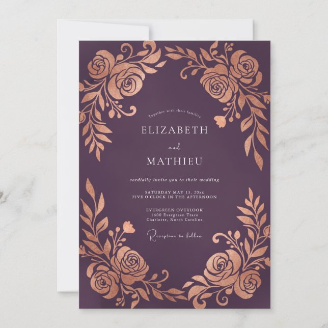 Convites Casamento Rosa Metálico Ameixa (Frente)