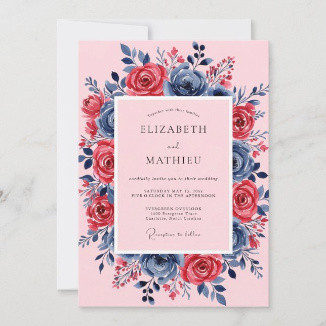 Convites Casamento Rosa Navy Luxuriante de Primavera (Frente)