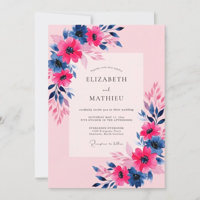 Convites Casamento Rosa-Navy Vibrante de Primavera (Frente)