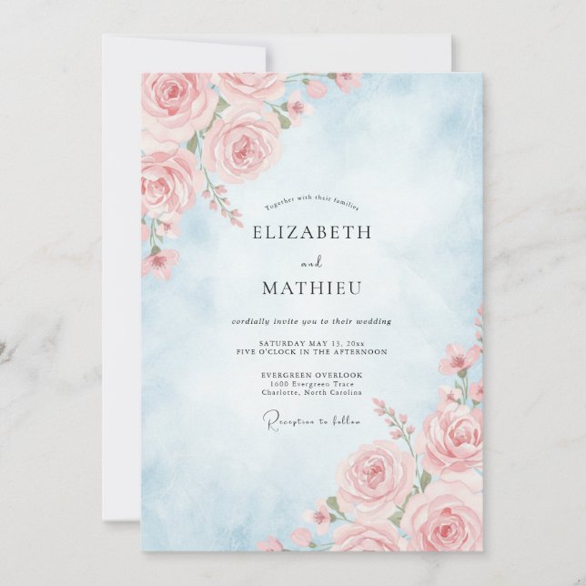 Convites Casamento Rosa Pálido Azul Pó (Frente)