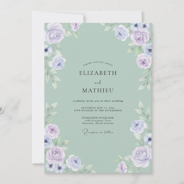 Convites Casamento Rosa Periwinkle Celadon (Frente)