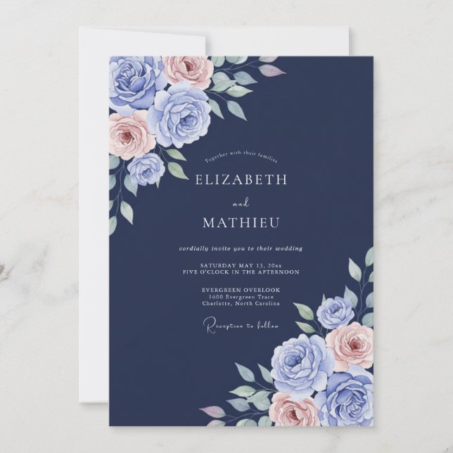 Convites Casamento Rosa Periwinkle Marinho (Frente)