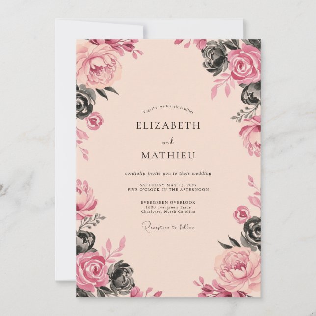 Convites Casamento Rosa Pêssego Carvão (Frente)