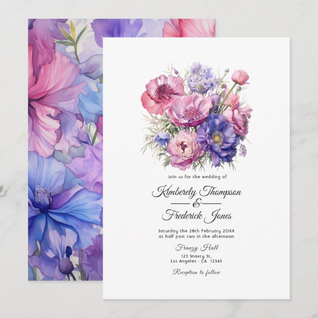 Convites Casamento Rosa Pétala, Azul Centáurea e Roxo Malva (Frente/Verso)