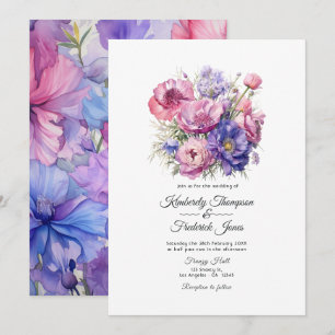Convites Casamento Rosa Pétala, Azul Centáurea e Roxo Malva