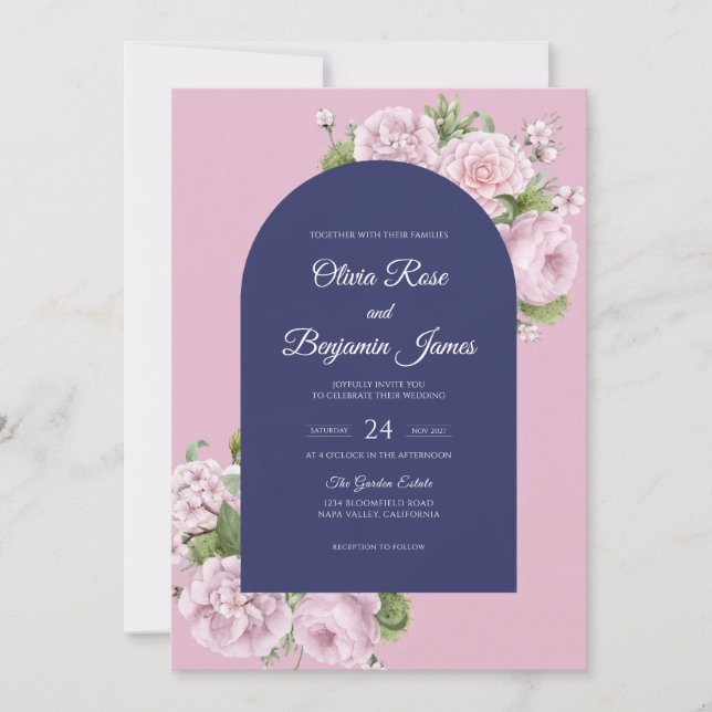Convites Casamento Rosa Pink Marinho (Frente)