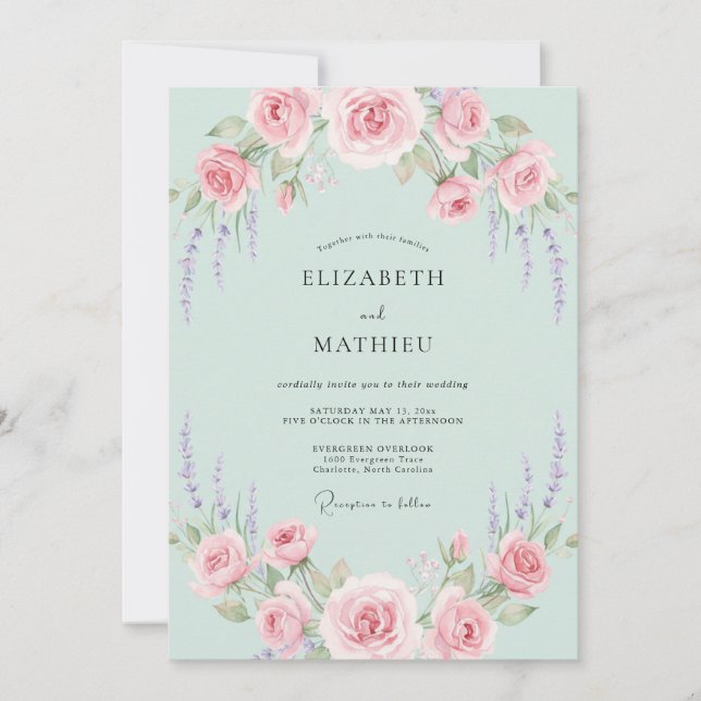 Convites Casamento Rosa Poeira Lilás Menta (Frente)