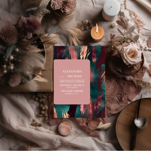 Convites casamento rosa poeirento e verde-escuro abstrato d (Criador carregado)