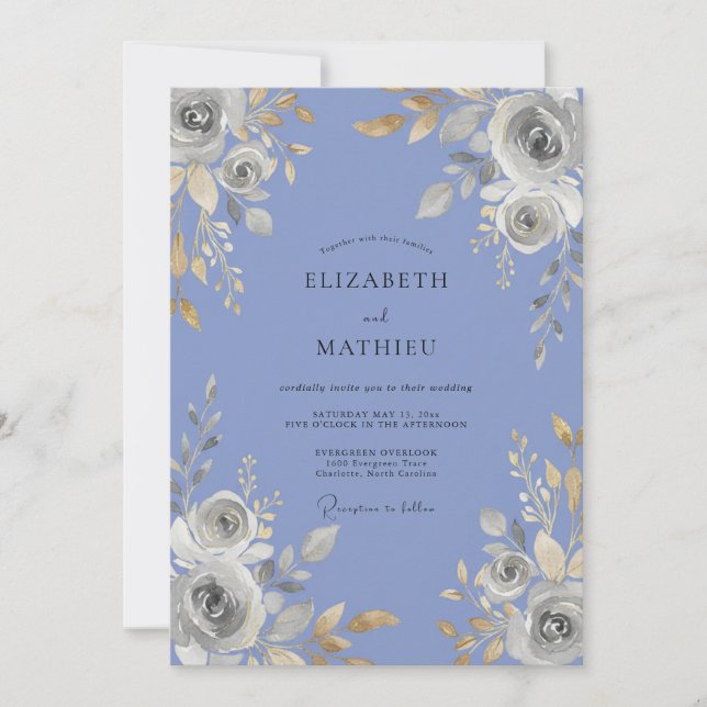Convites Casamento Rosa Prata Periwinkle (Frente)