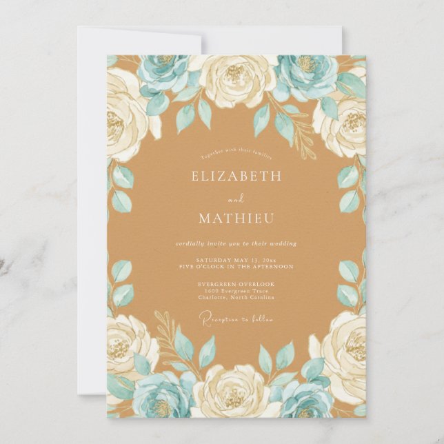 Convites Casamento Rosa Quente Aqua Bege (Frente)