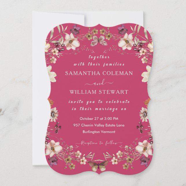 Convites Casamento Rosa Quente Elegante de Bóvora Selvagem  (Frente)