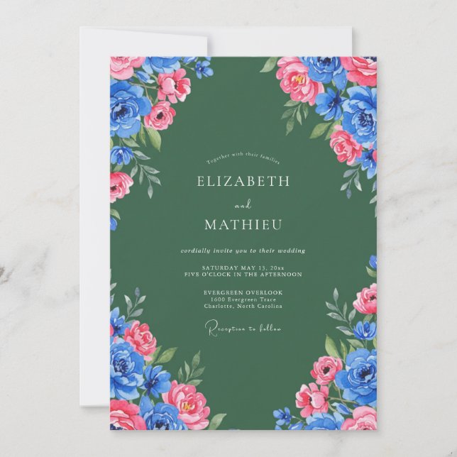 Convites Casamento Rosa Radiante Hunter Verde (Frente)