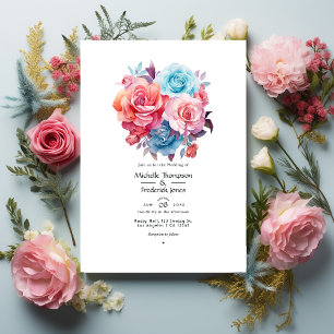 Convites Casamento Rosa, Rosa Bege, Turquesa e Azul