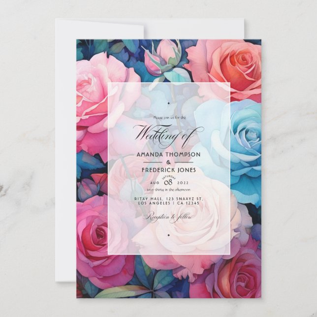 Convites Casamento Rosa, Rosa Bege, Turquesa e Azul (Frente)