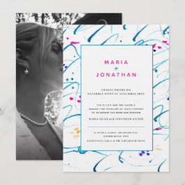 Convites casamento rosa-rosa com ondas tropicais abstrato