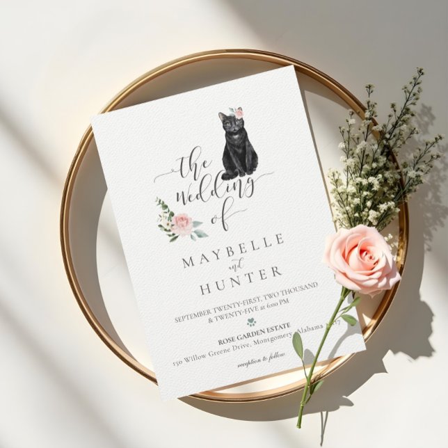 Convites Casamento Rosa Rosa Rosa Rosa Rosa Rosa Pintada Fl (Black Cat Watercolor Pet Floral Pink Rose Wedding Invitation)