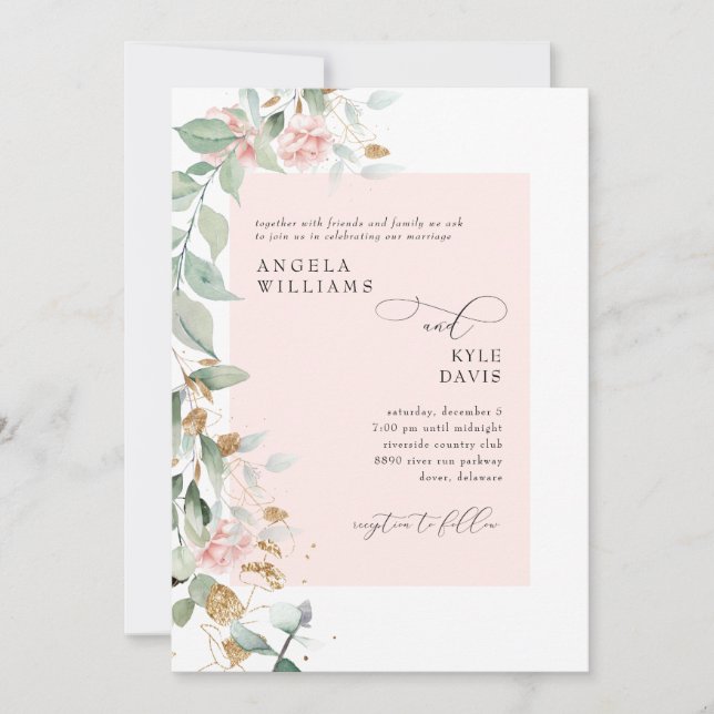 Convites Casamento rosa Rose Eucalyptus (Frente)