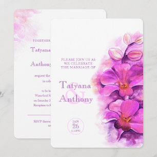 Convites Casamento rosa roxo com cor d'água estilizada