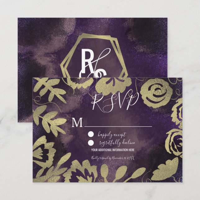 Convites Casamento Rosa Roxo-Dourado do Jardim Floral Botân (Frente/Verso)