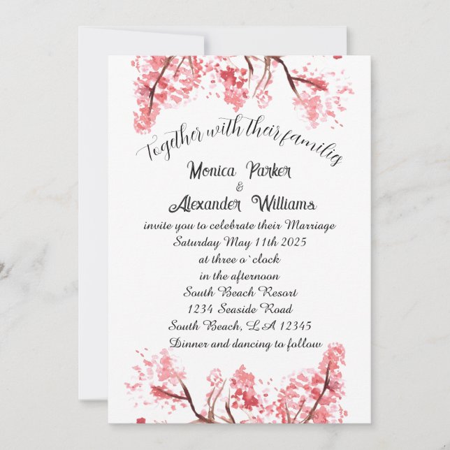 Convites Casamento Rosa Sakura Japonês Cherry Blossom (Frente)