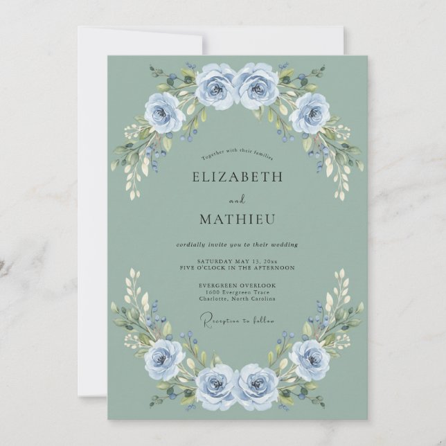 Convites Casamento Rosa Suave Azul Aço (Frente)