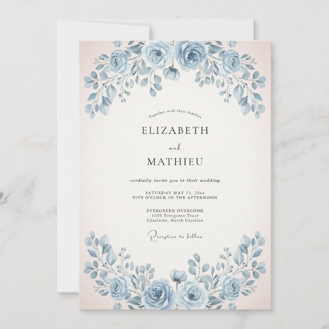 Convites Casamento Rosa Suave Azul Pó (Frente)