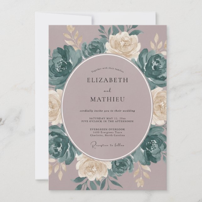 Convites Casamento Rosa Teal Atmosférico (Frente)
