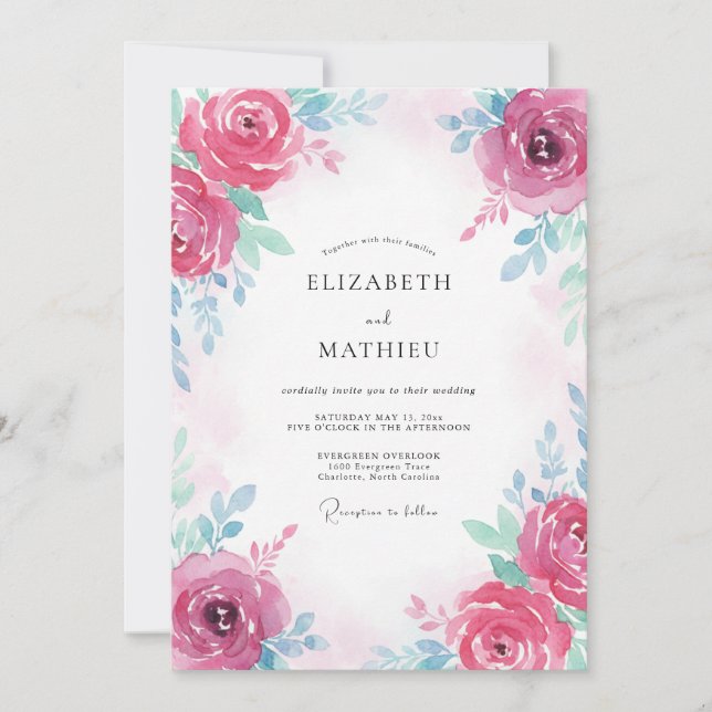 Convites Casamento Rosa Teal Fúcsia (Frente)