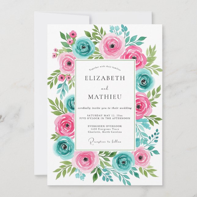 Convites Casamento Rosa Turquesa Vibrante de Primavera (Frente)
